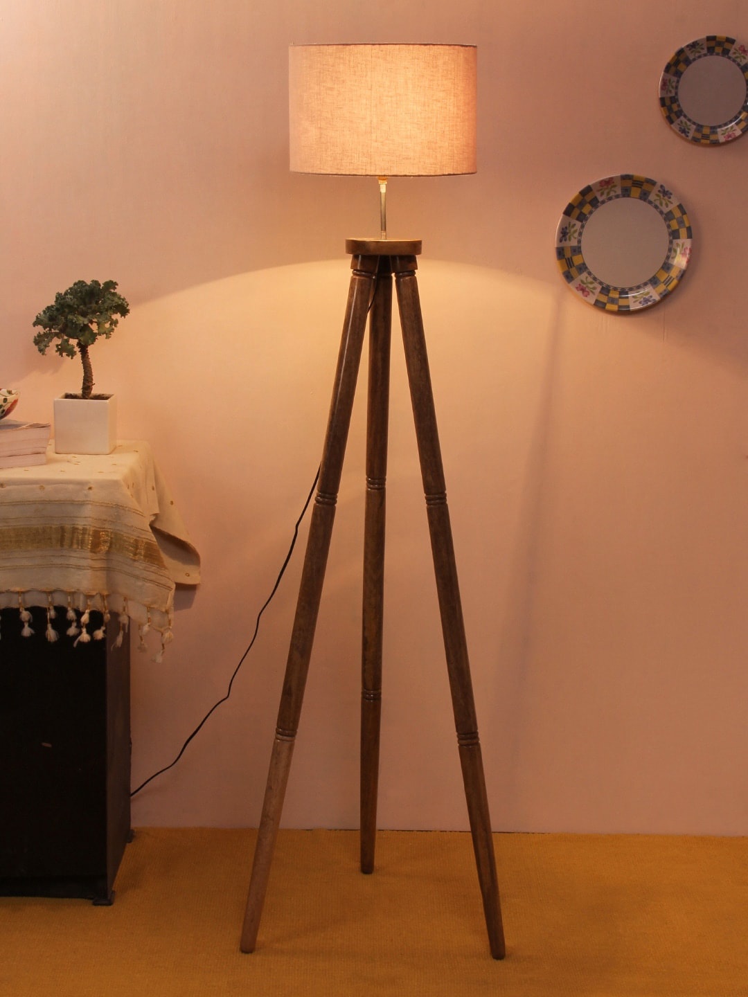 

Devansh Off-White & Brown Solid Wooden Tripod Lamp with Shade