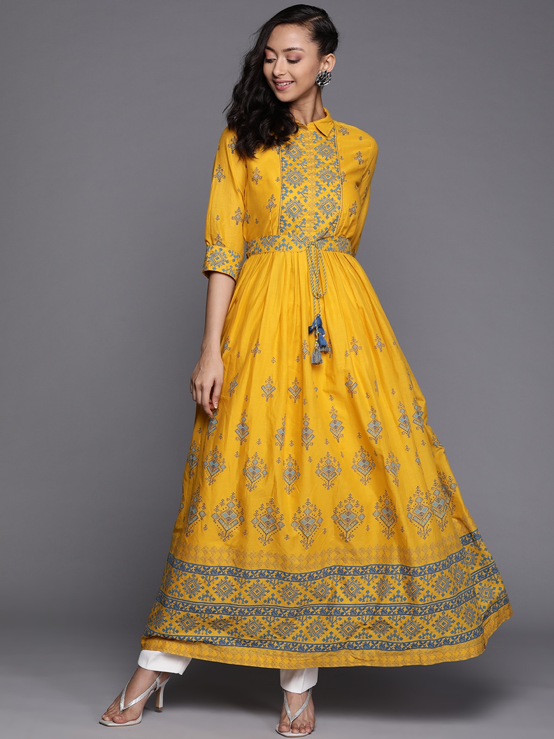 

Biba Women Mustard Yellow & Blue Ethnic Motifs Printed Pure Cotton Kurta