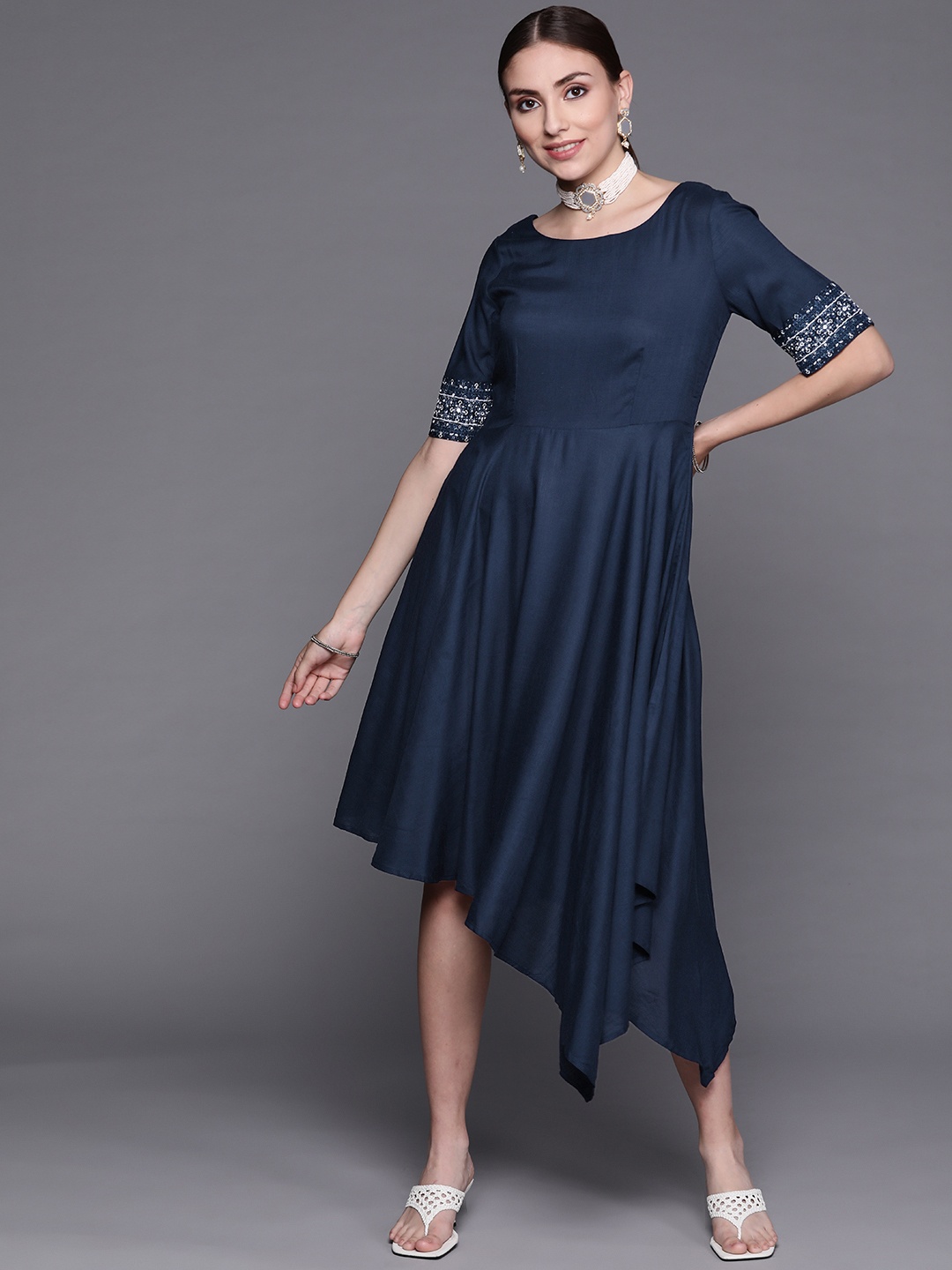 

Biba Navy Blue Solid Asymmetric Hem A-Line Midi Dress