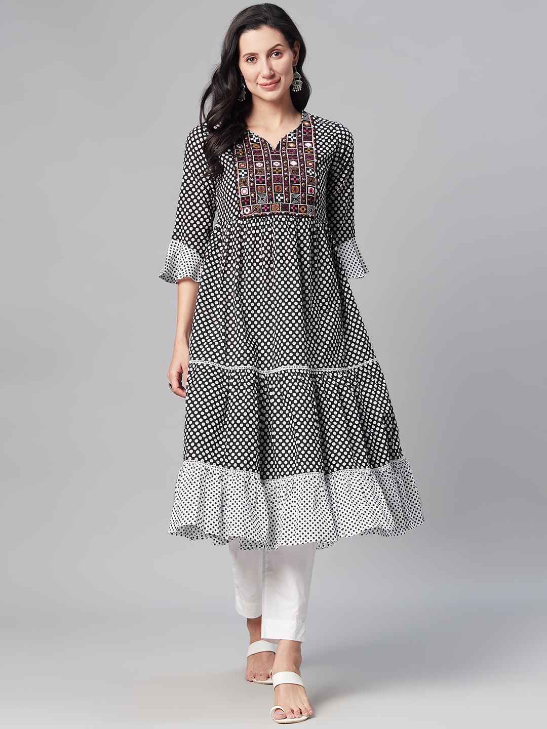 

Biba Women Black & White Polka Dots Print Bell Sleeves Tiered Kurta