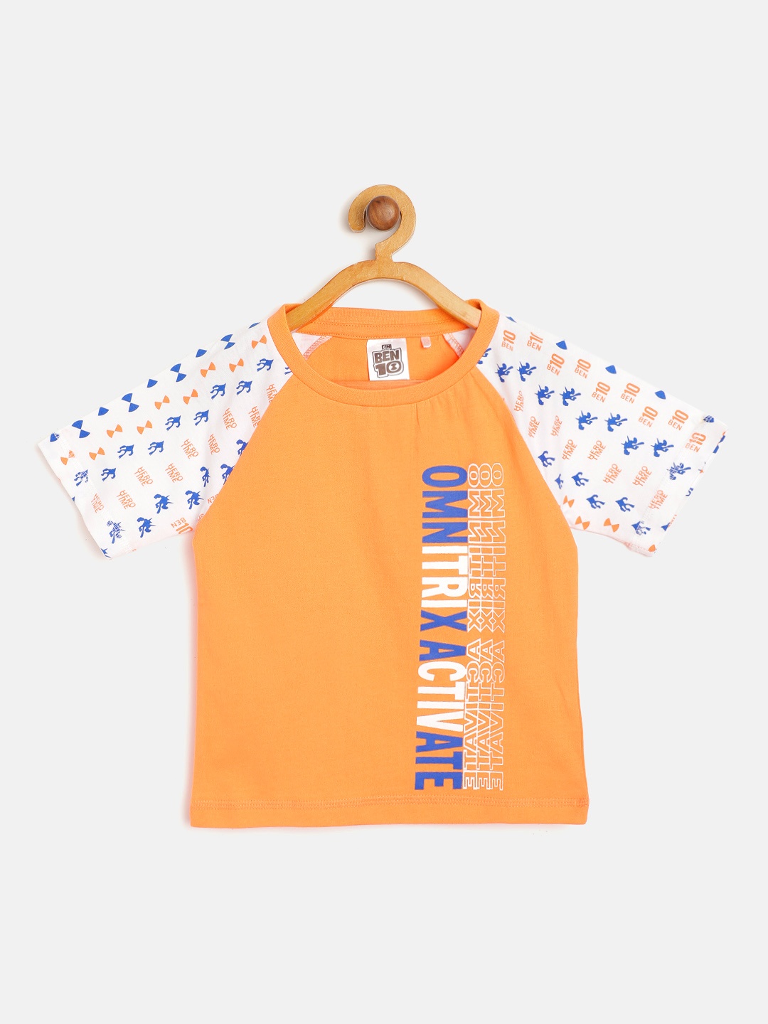 

toothless Boys Orange White Ben 10 Print Round Neck Pure Cotton T-Shirt