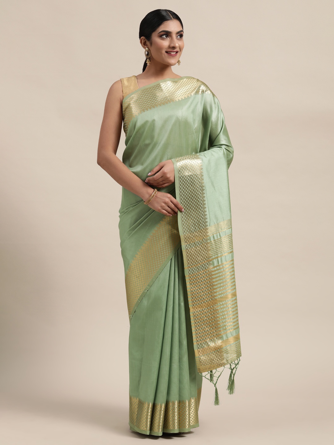

DIVASTRI Green & Golden Silk Cotton Solid Banarasi Saree