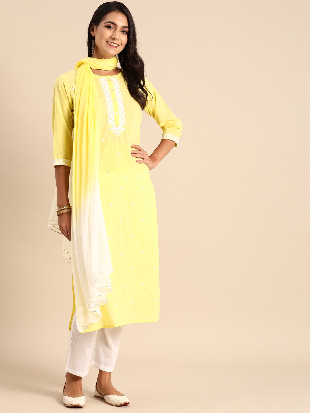 

Rajnandini Women Yellow & White Embroidered Pure Cotton Kurta with Trousers & Dupatta