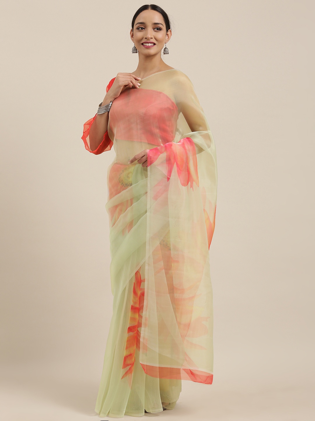 

Rajnandini Green & Pink Organza Floral Printed Saree