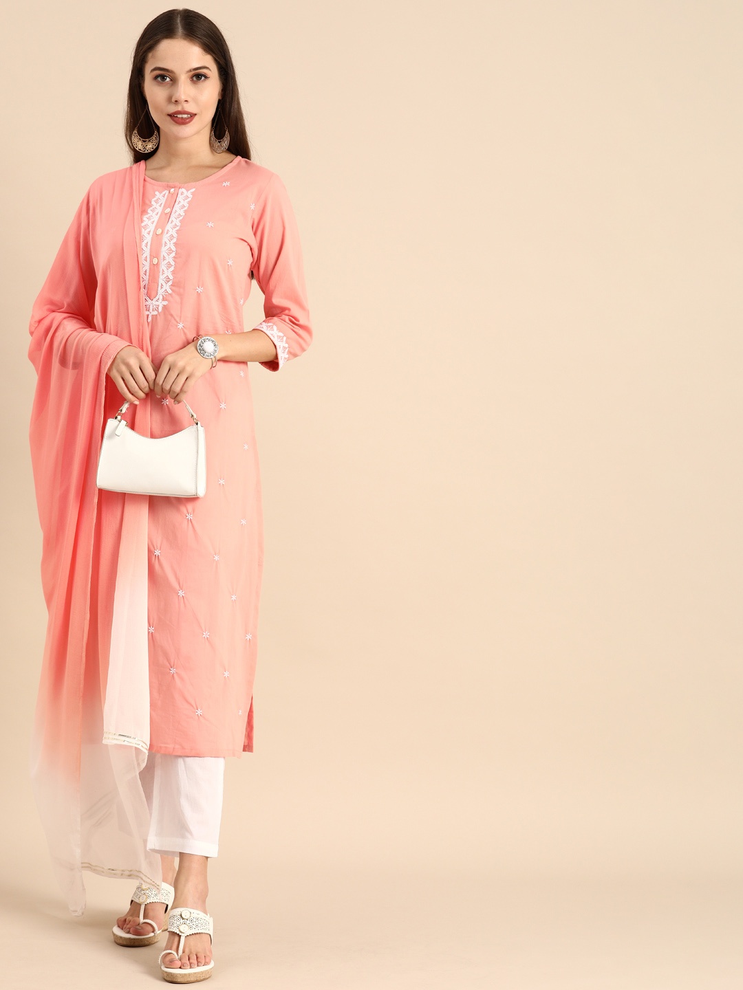 

Rajnandini Women Pink & White Embroidered Pure Cotton Kurta with Trousers & Dupatta