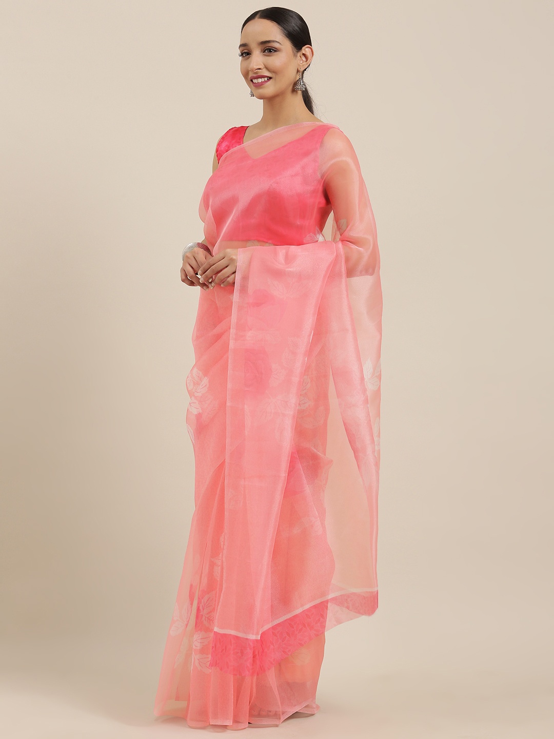 

Rajnandini Pink Floral Printed Organza Saree