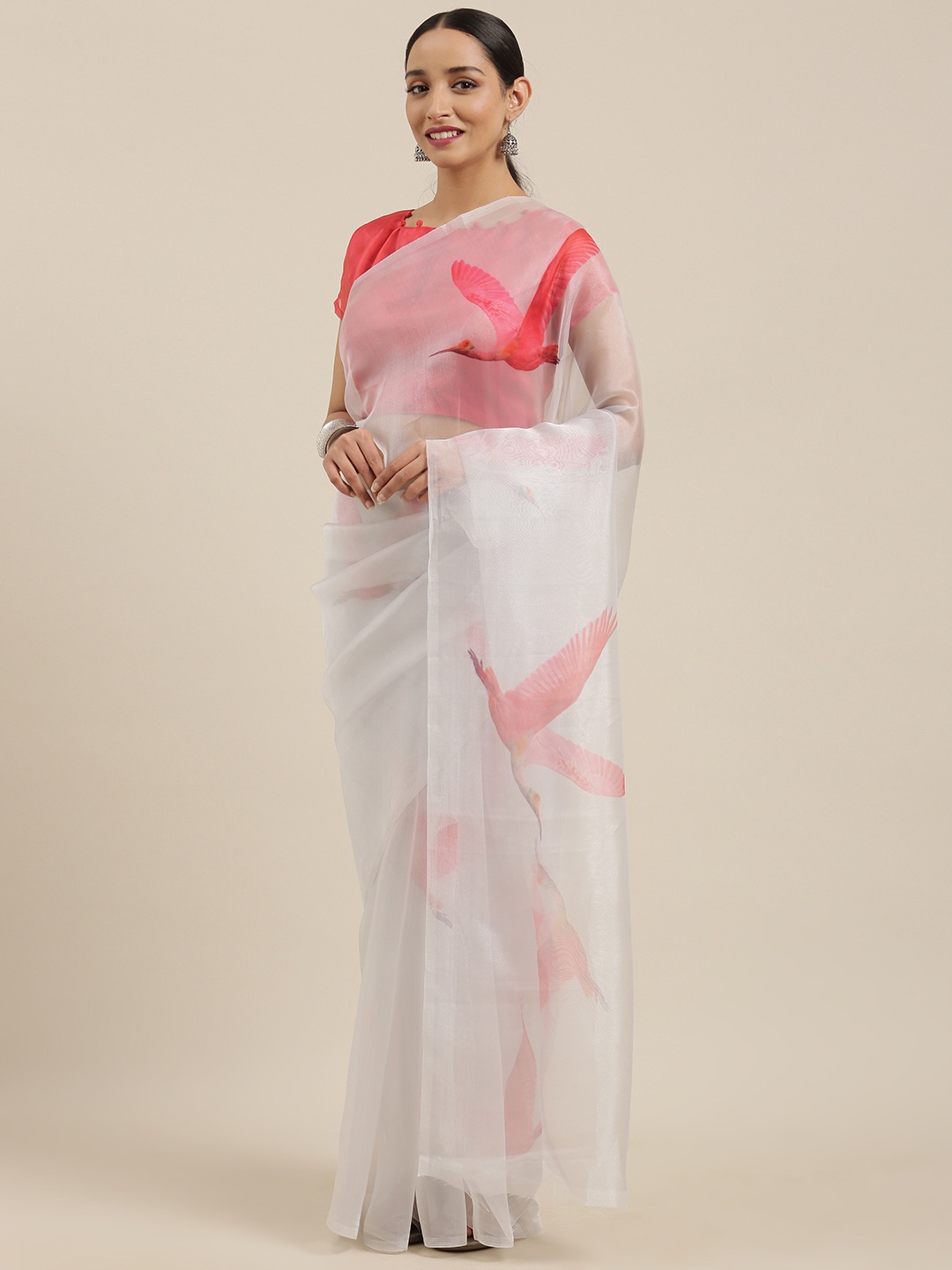 

Rajnandini Grey & Pink Organza Printed Saree