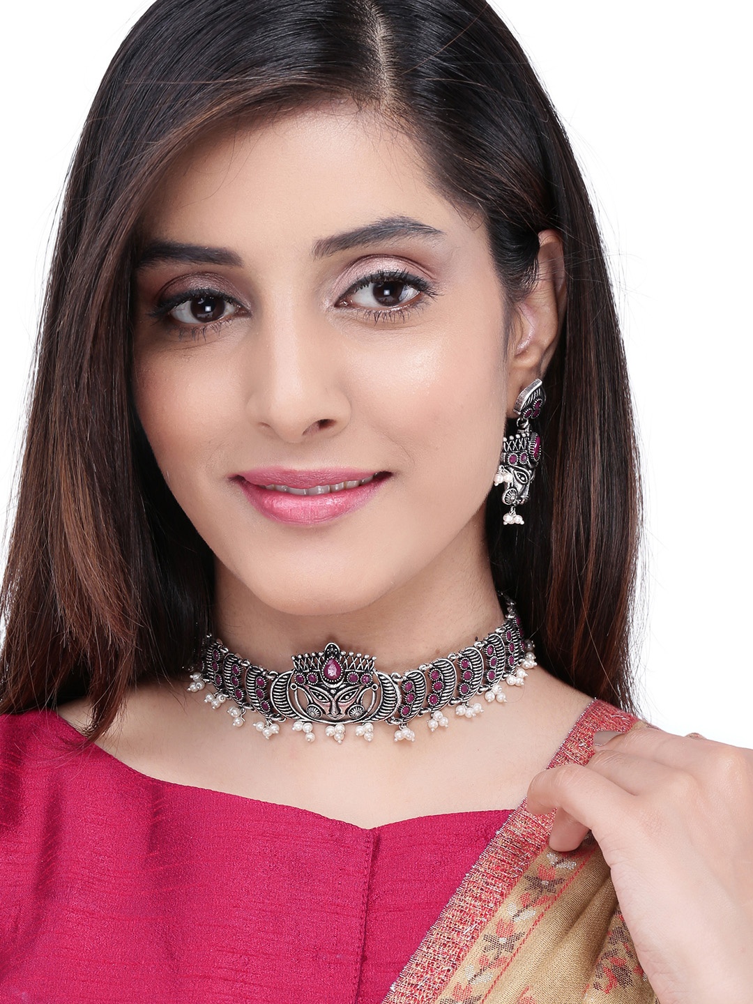 

Yellow Chimes Oxidised Silver-Plated Pink Stone-Studded & White Beaded Jewellery Set