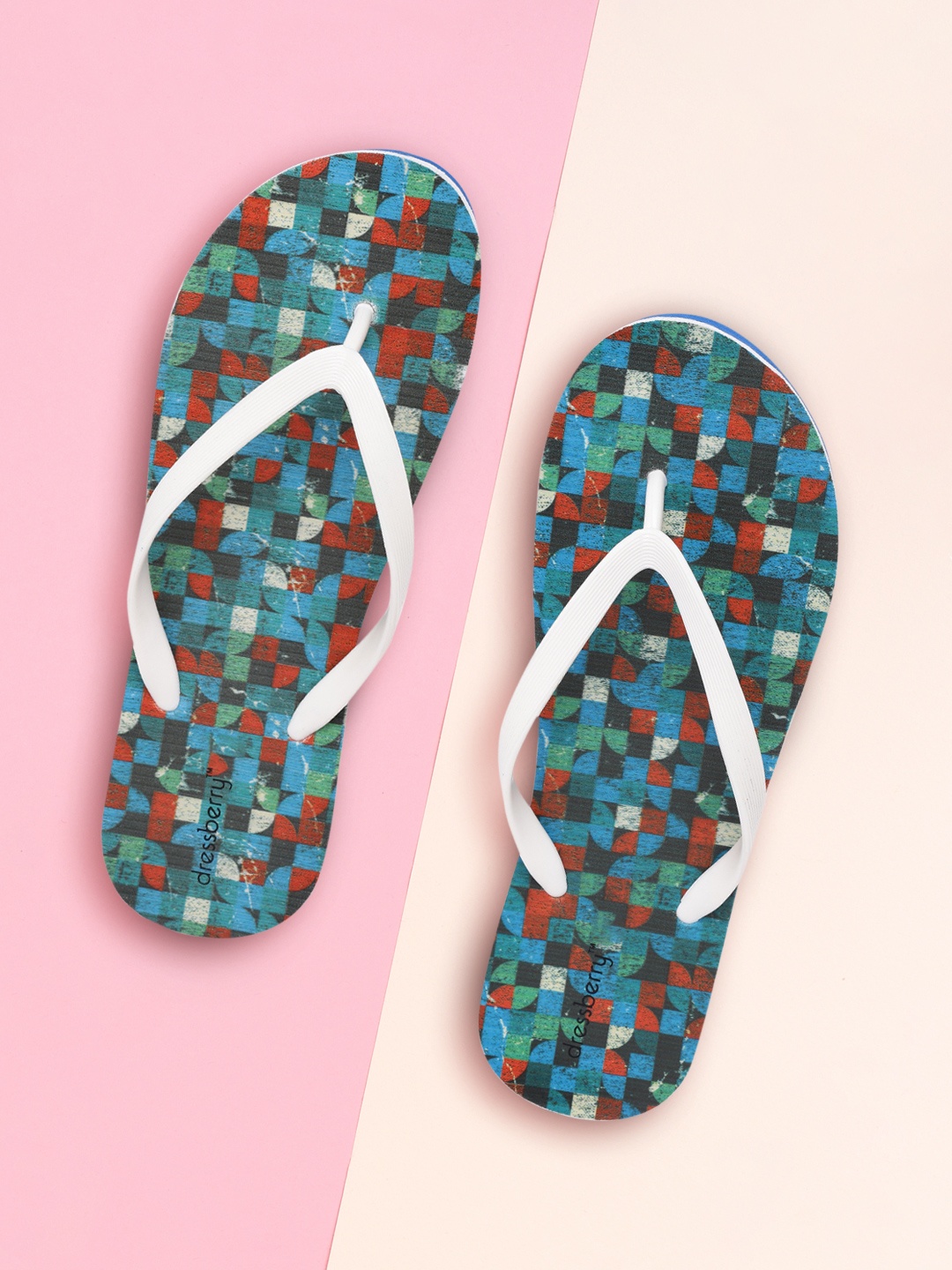 

DressBerry Women White & Green Geometric Print Thong Flip-Flops