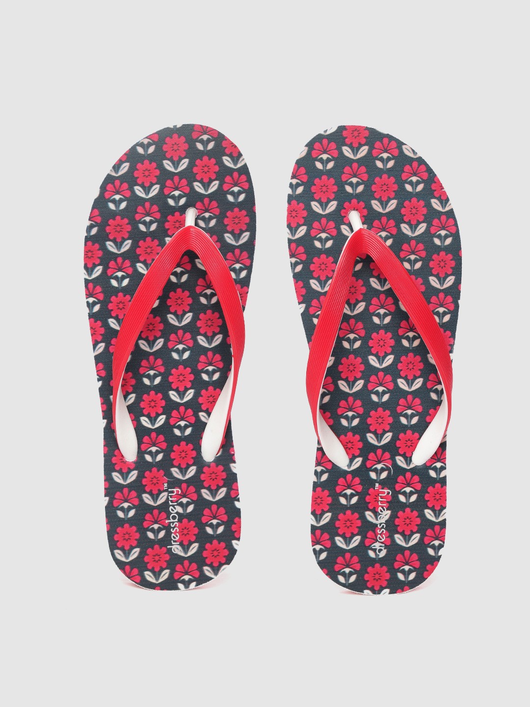 

DressBerry Women Red & Navy Blue Floral Print Thong Flip-Flops