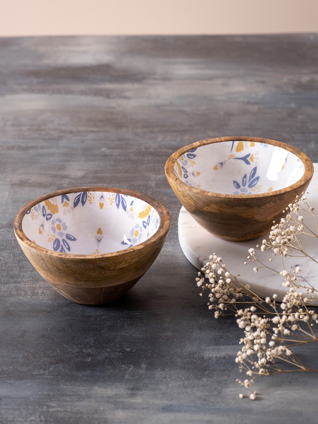 

nestroots Set Of 2 White & Brown Printed Enamelled Wooden Bowls