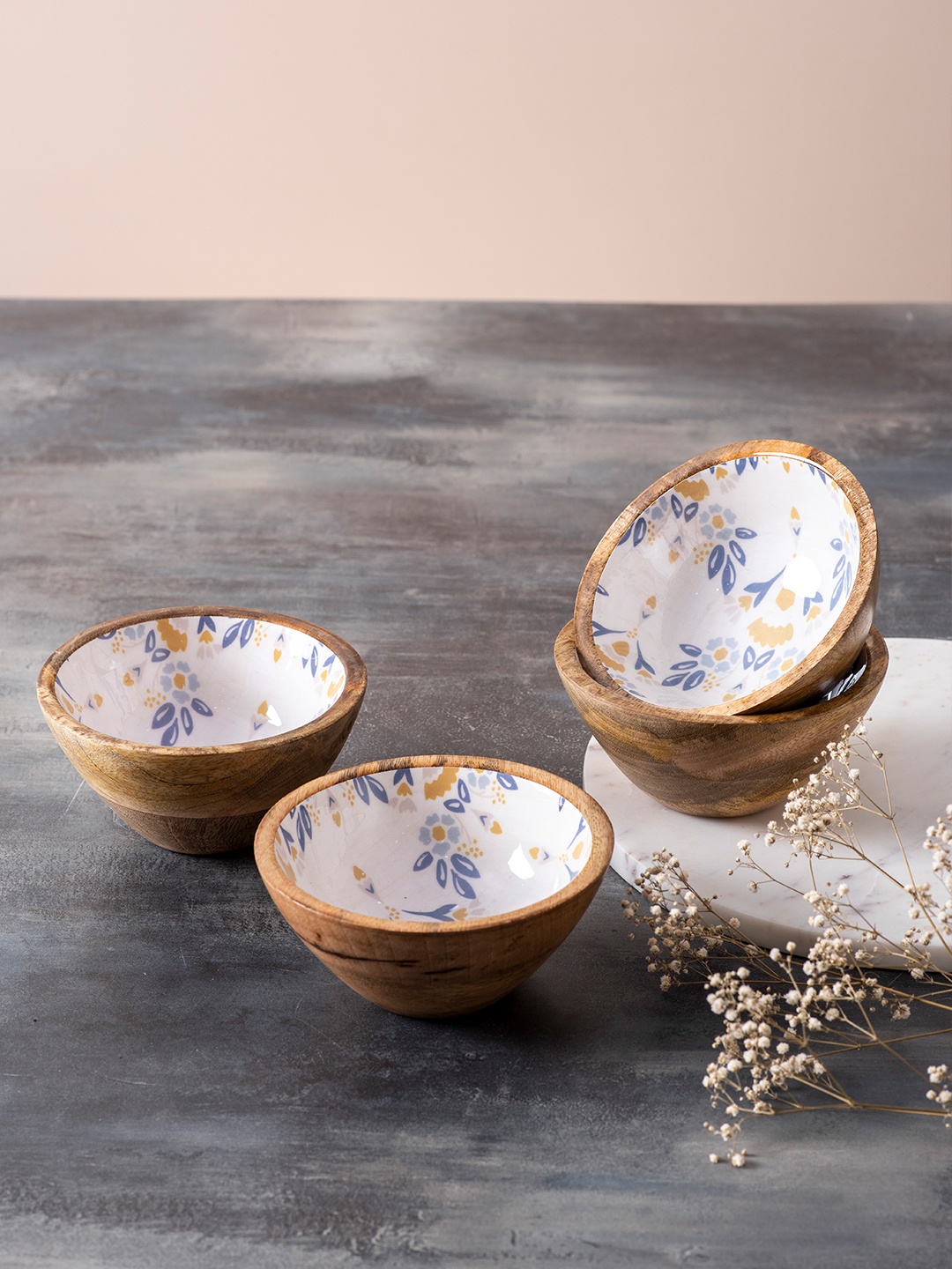 

nestroots Set Of 4 Brown & White Printed Enamelled Wooden Bowls