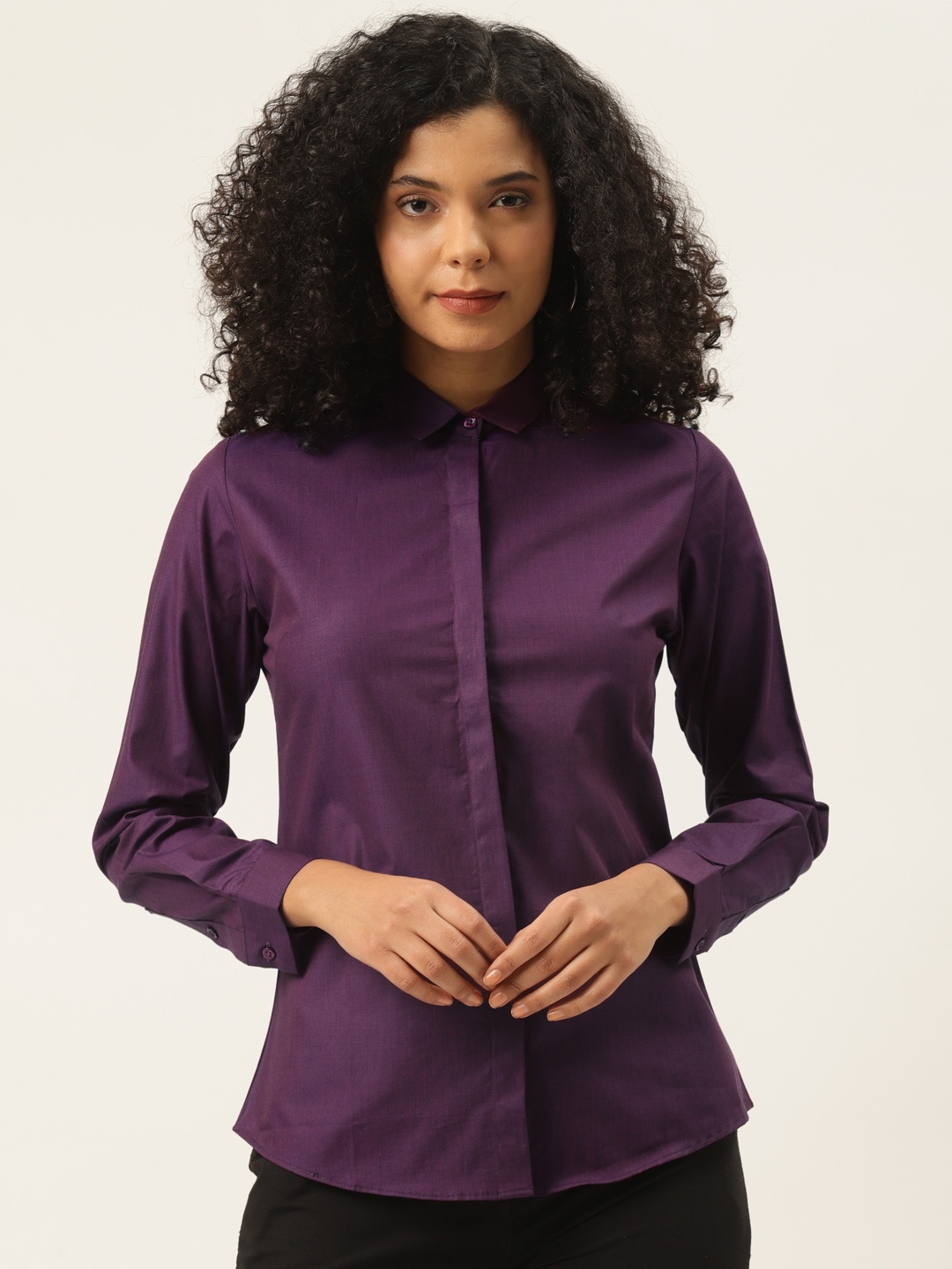 

Hancock Women Purple Pure Cotton Slim Fit Solid Formal Shirt