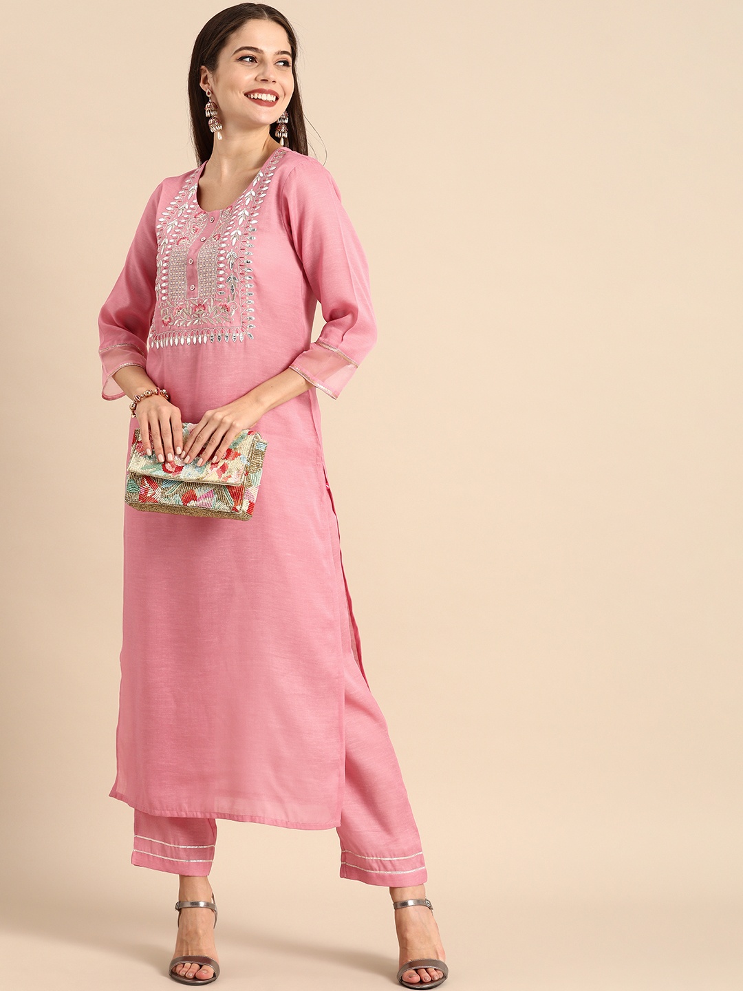 

Varanga Women Pink Yoke Design Kurta with Trousers
