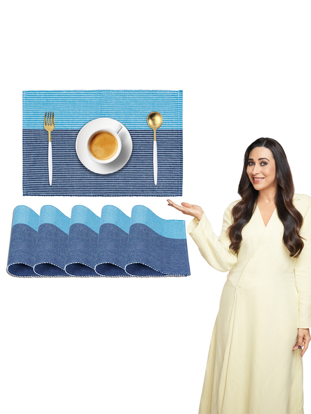 

HOKIPO Set Of 6 Turquoise Sky blue Striped Heat Resistant Table Placemats, Turquoise blue