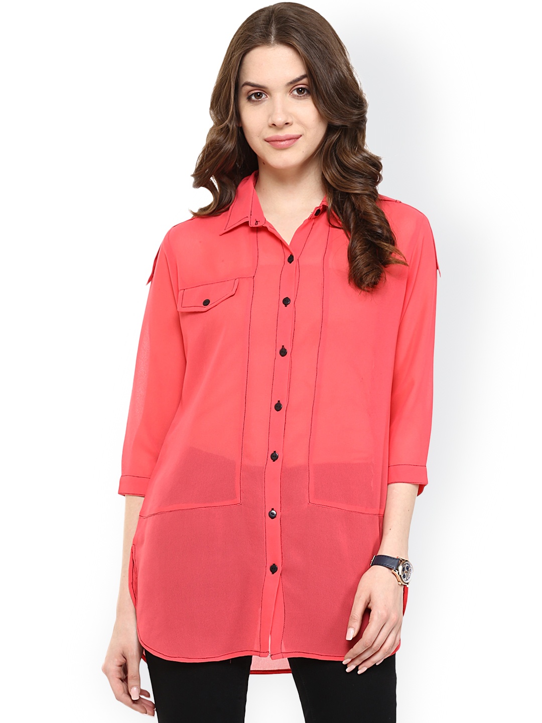 

Pannkh Coral Pink Sheer Polyester Shirt