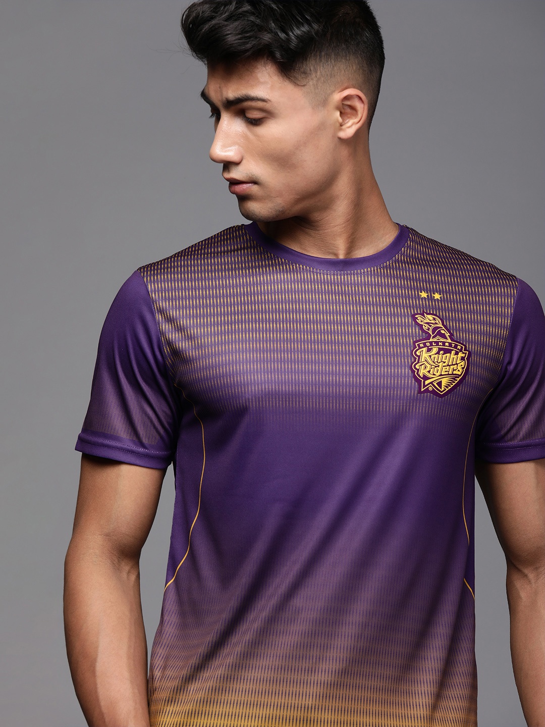 

WROGN ACTIVE Men Purple & Yellow Slim Fit Printed Round Neck Kolkata Knight Riders T-shirt