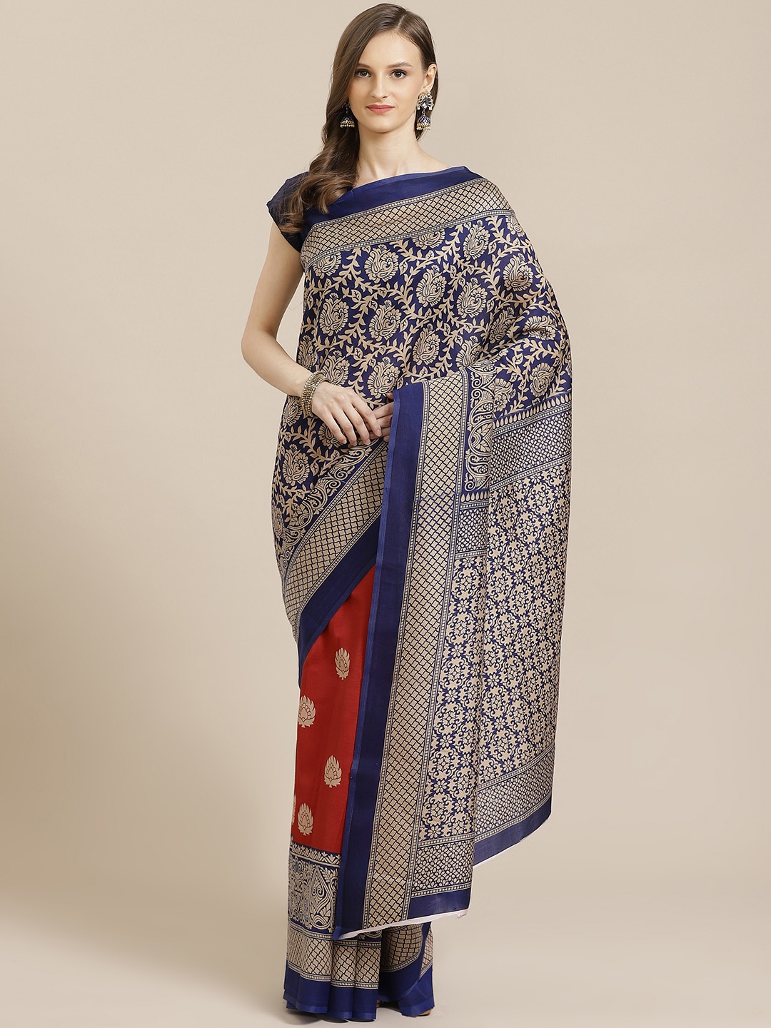 

KALINI Navy Blue & Red Printed Mysore Saree