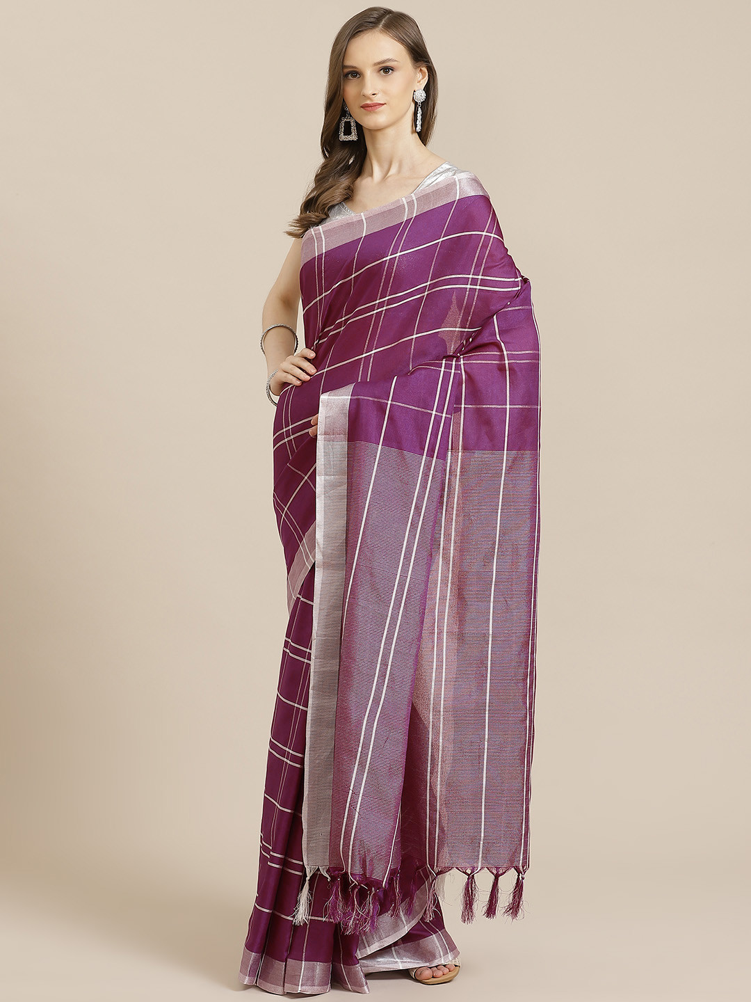 

KALINI Purple & White Pure Cotton Checked Dharmavaram Saree