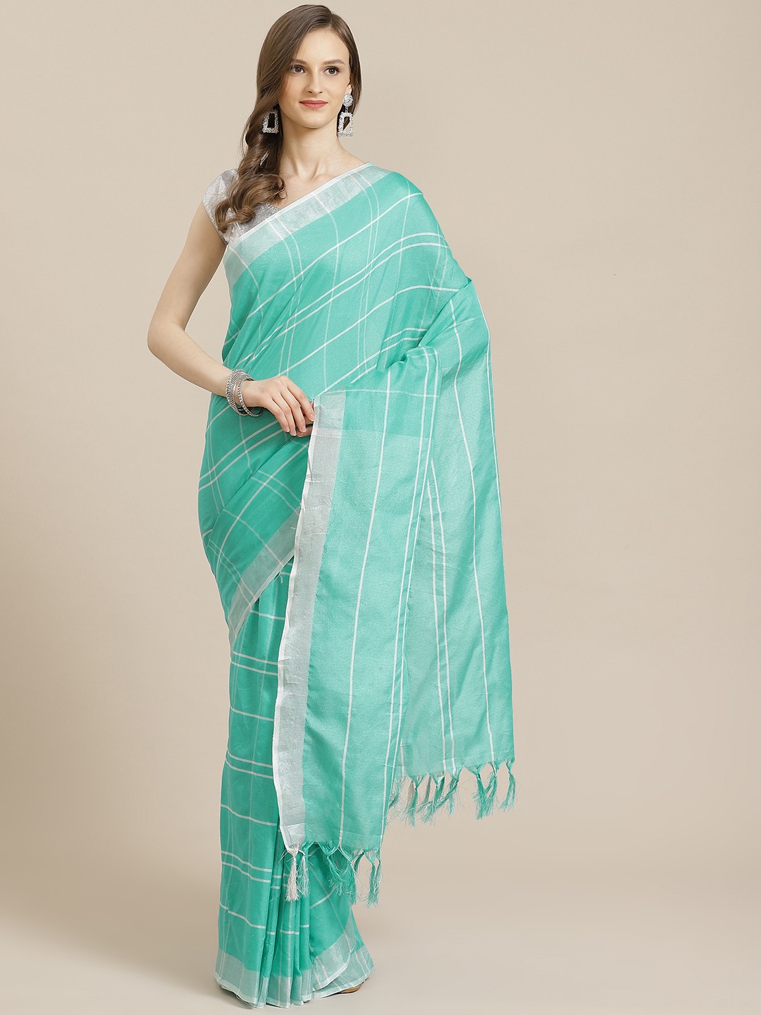 

KALINI Green & White Pure Cotton Checked Dharmavaram Saree