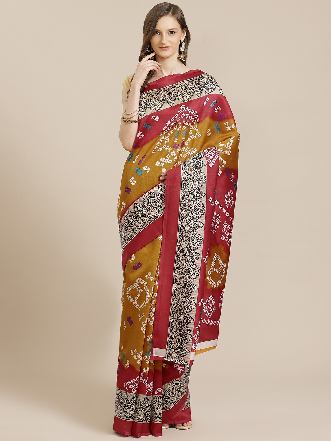 

KALINI Red & Mustard Yellow Art Silk Bandhani Printed Saree