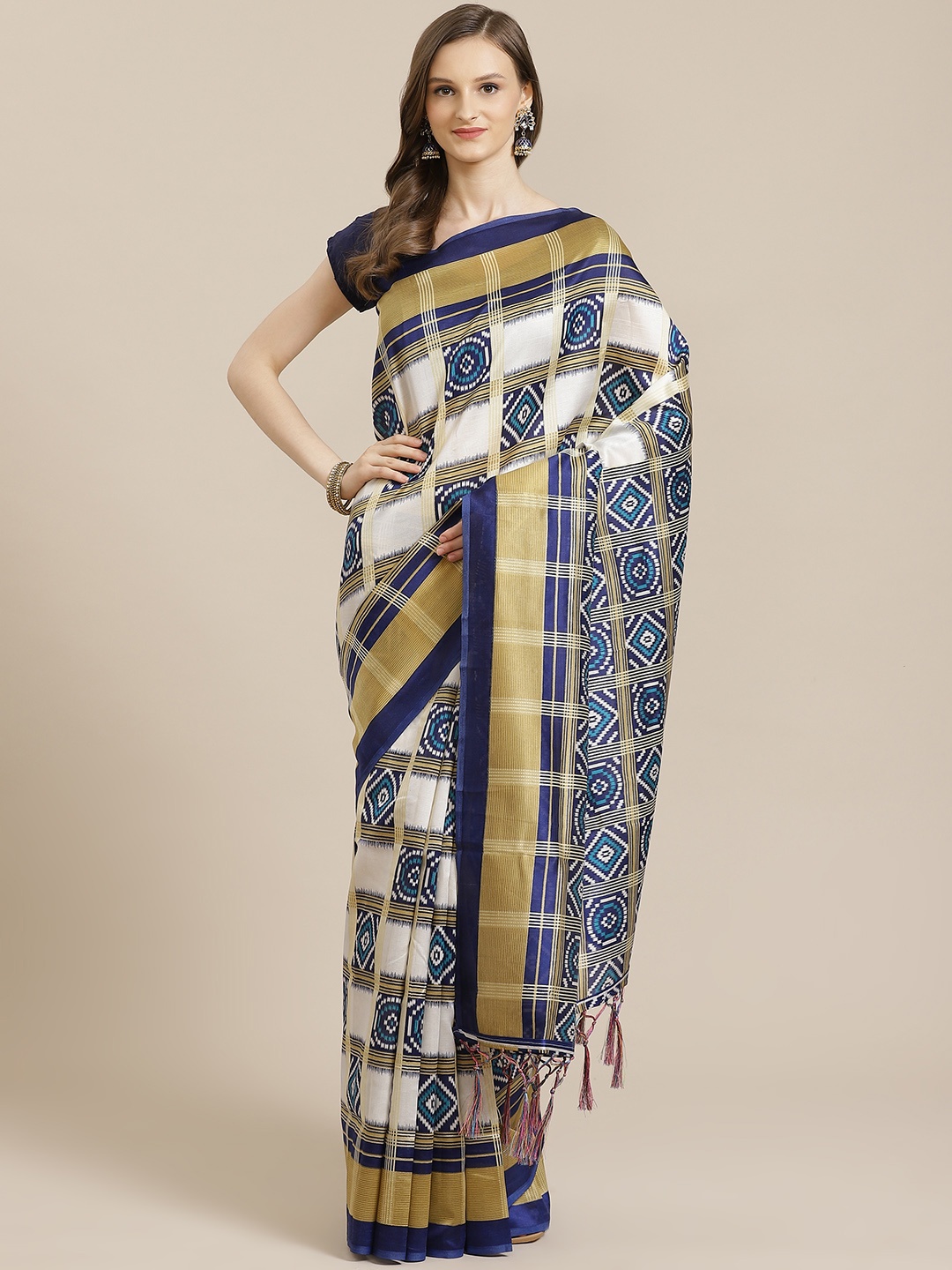 

KALINI Off-White & Navy Blue Checked Mysore Art Silk Saree
