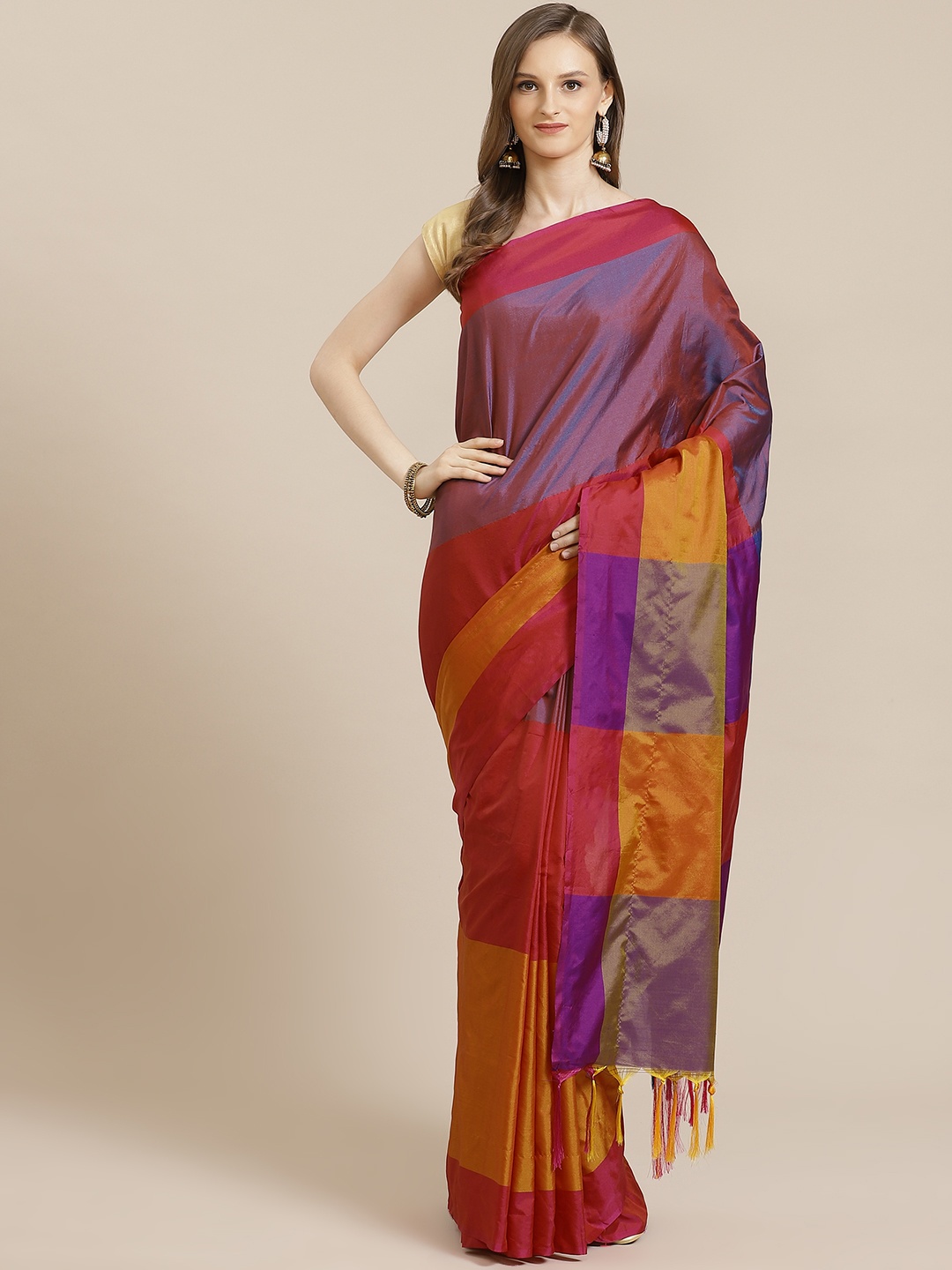 

Kalini Purple & Red Colourblocked Assam Silk Sambalpuri Saree