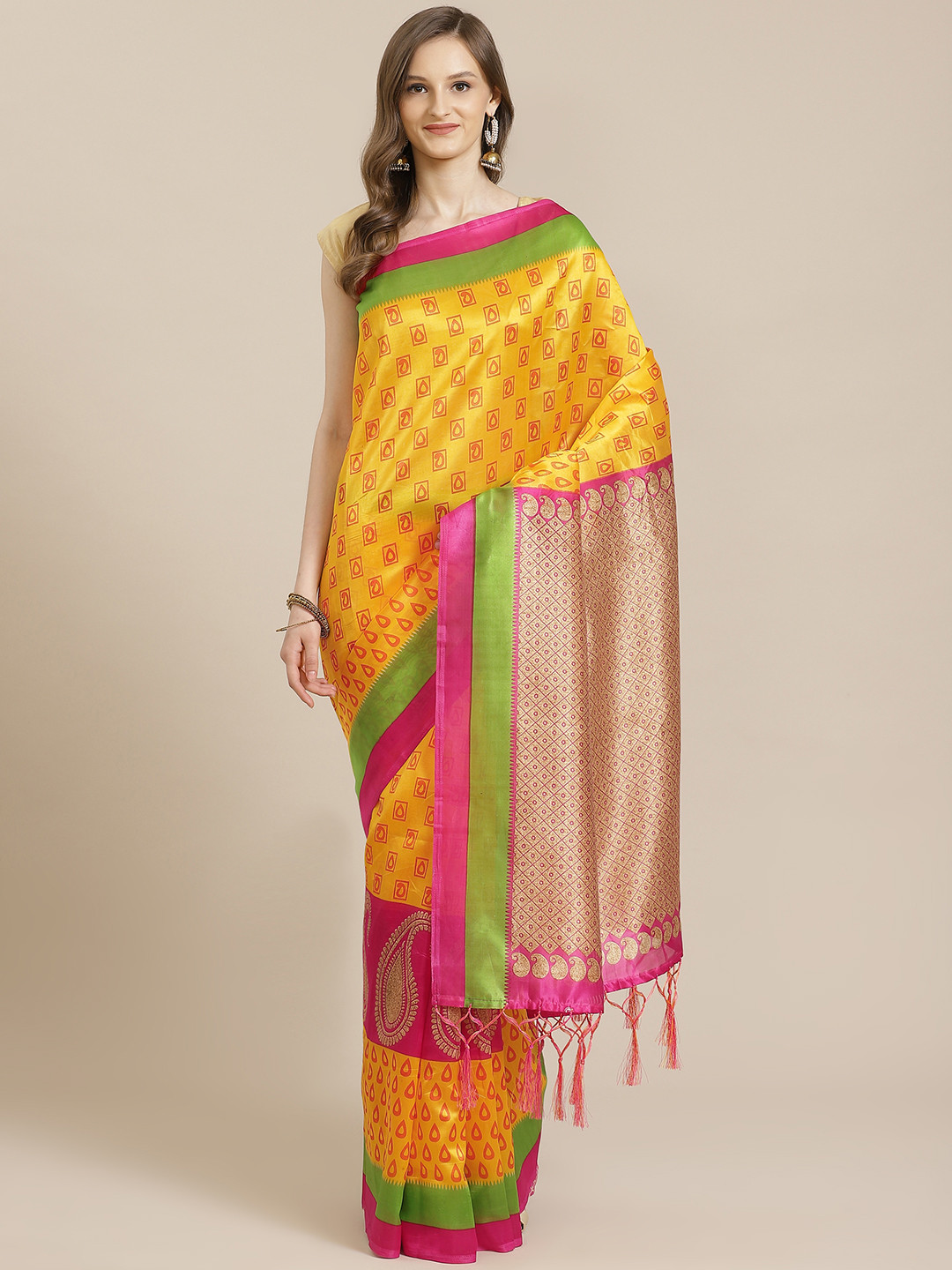 

KALINI Yellow & Pink Printed Mysore Saree