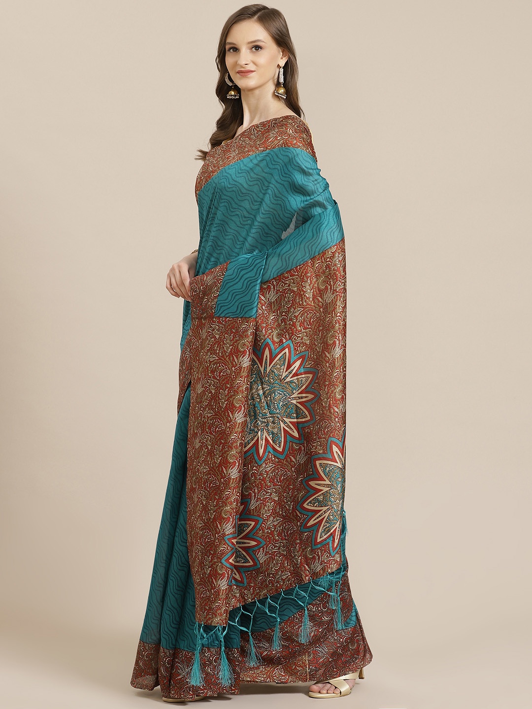 

KALINI Teal Green & Brown Printed Mysore Saree