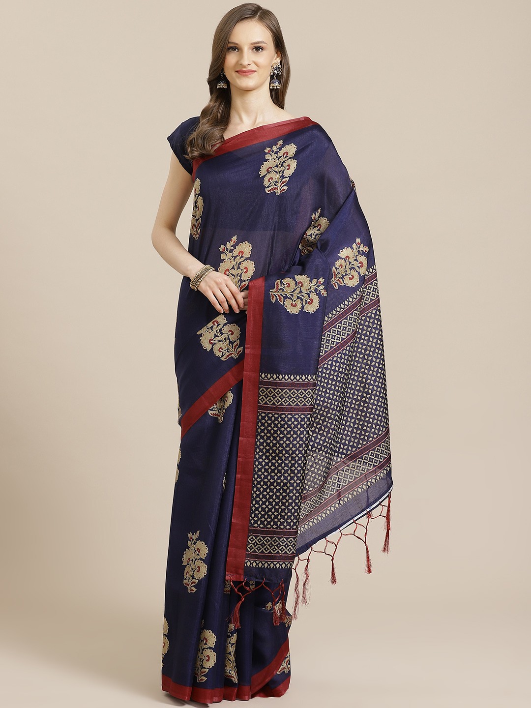 

KALINI Navy Blue & Olive Green Printed Mysore Art Silk Saree