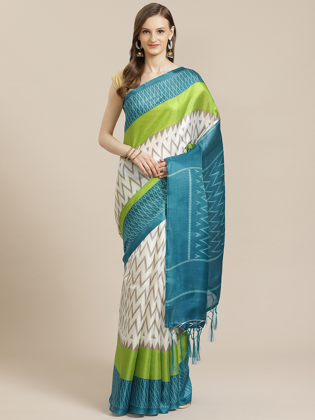 

KALINI White & Teal Blue Printed Saree