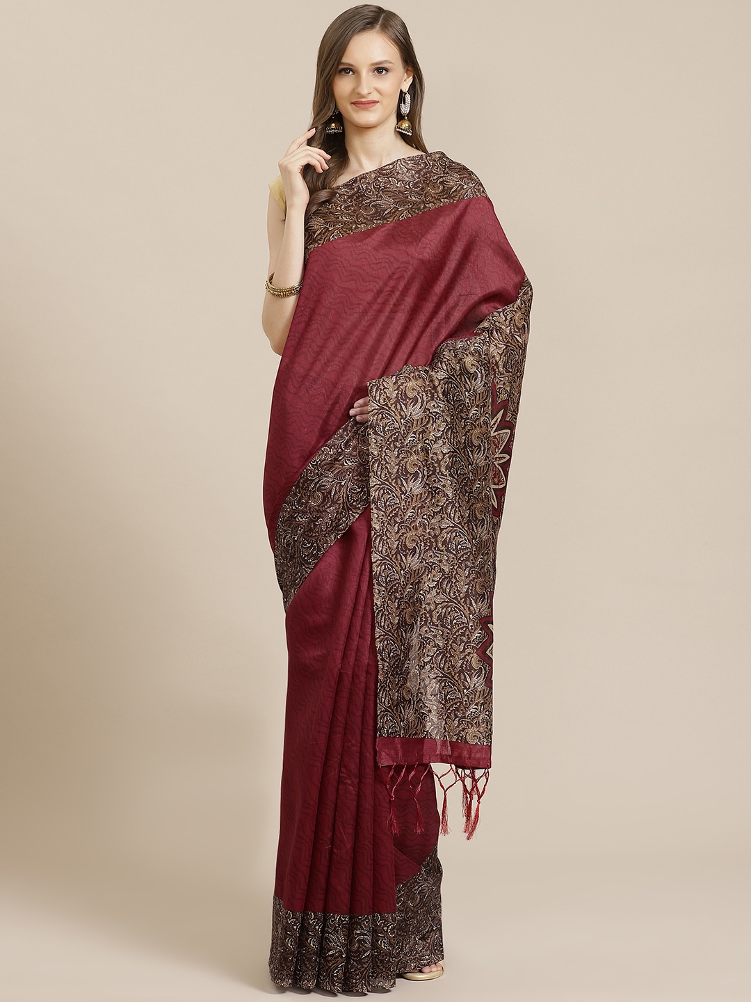 

KALINI Maroon & Brown Printed Mysore Saree