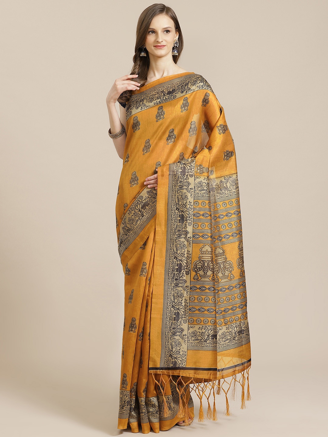 

KALINI Mustard Yellow & Black Ethnic Print Saree