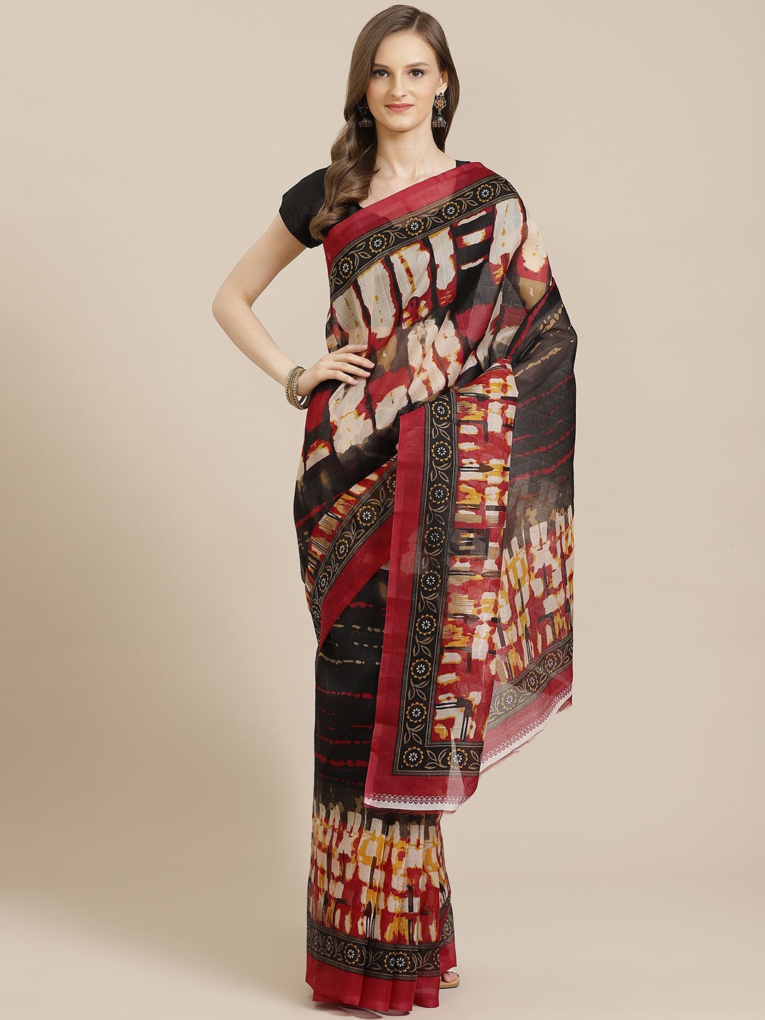 

KALINI Black & Red Printed Bhagalpuri Saree