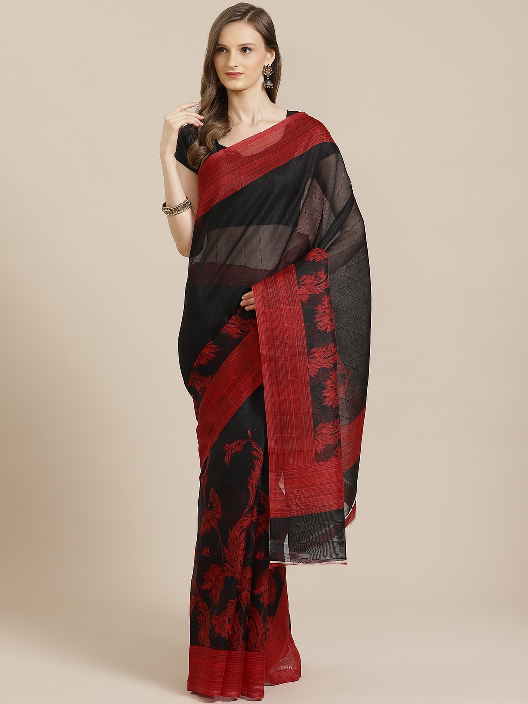 

KALINI Black & Maroon Pure Silk Ethnic Floral Print & Stripe Sheer Bhagalpuri Saree