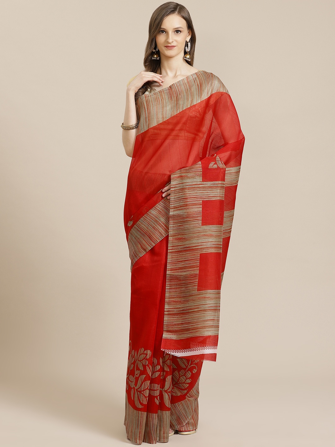 

KALINI Red & Beige Solid Bhagalpuri Saree