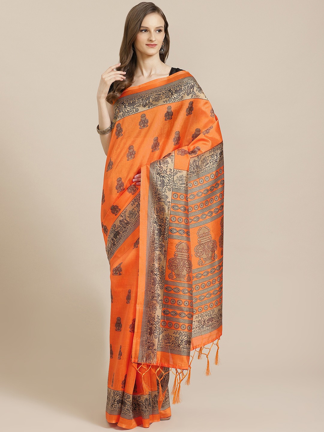 

KALINI Orange & Black Ethnic Print Saree