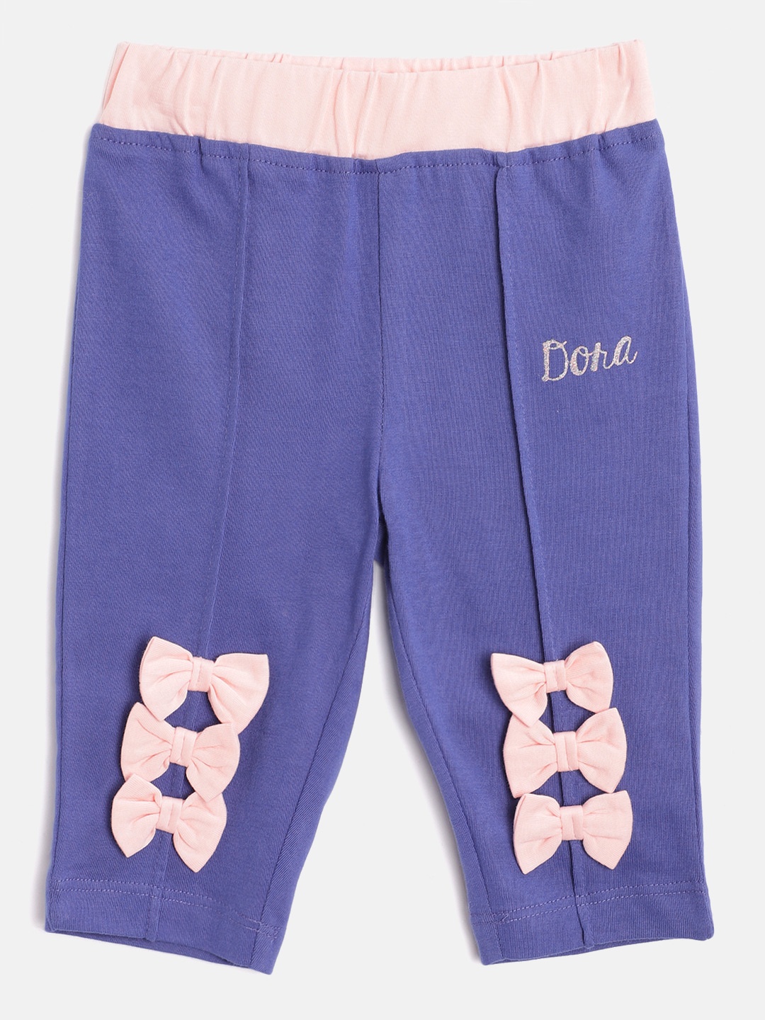 

toothless Girls Blue & Pink Solid Pure Cotton Regular Fit Capris with Bow & Dora Printed Detail