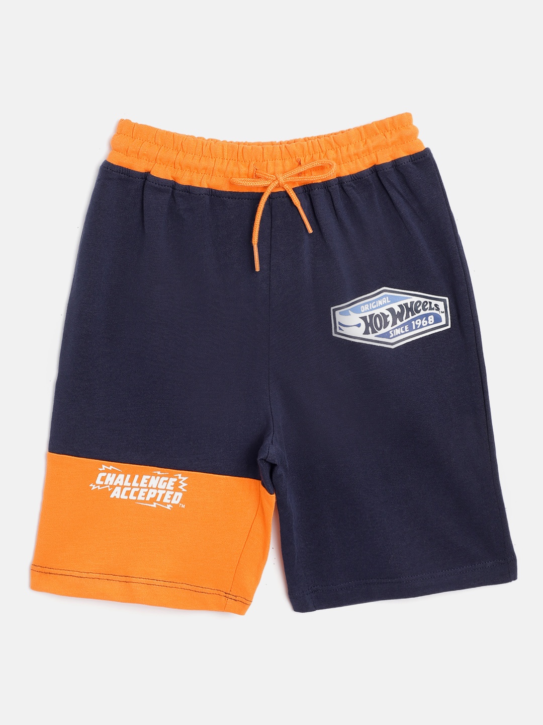 

toothless Boys Navy Blue & Orange Colourblocked & Hot Wheels Logo Print Pure Cotton Shorts