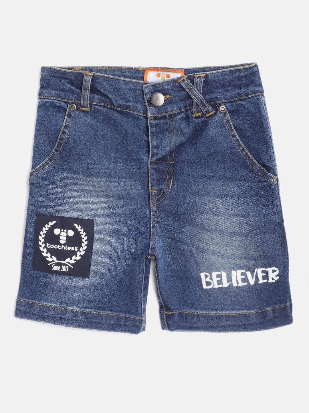 

toothless Boys Navy Blue Washed Regular Fit Denim Shorts with Printed Detail