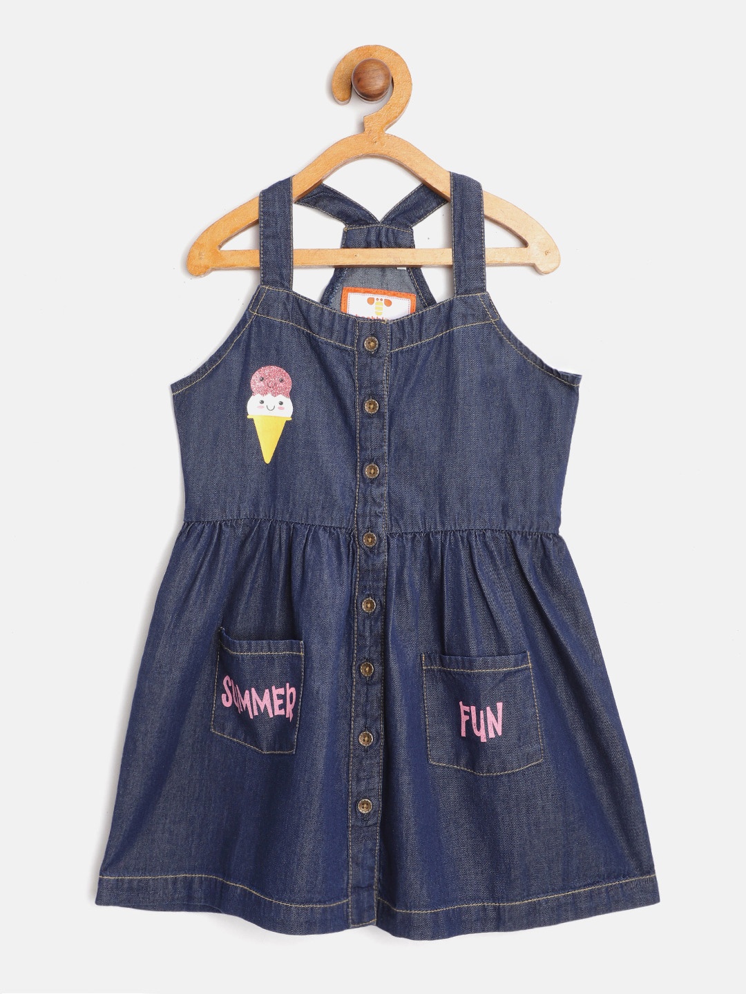 

toothless Girls Navy Blue Chambray Pure Cotton Printed A-Line Dress