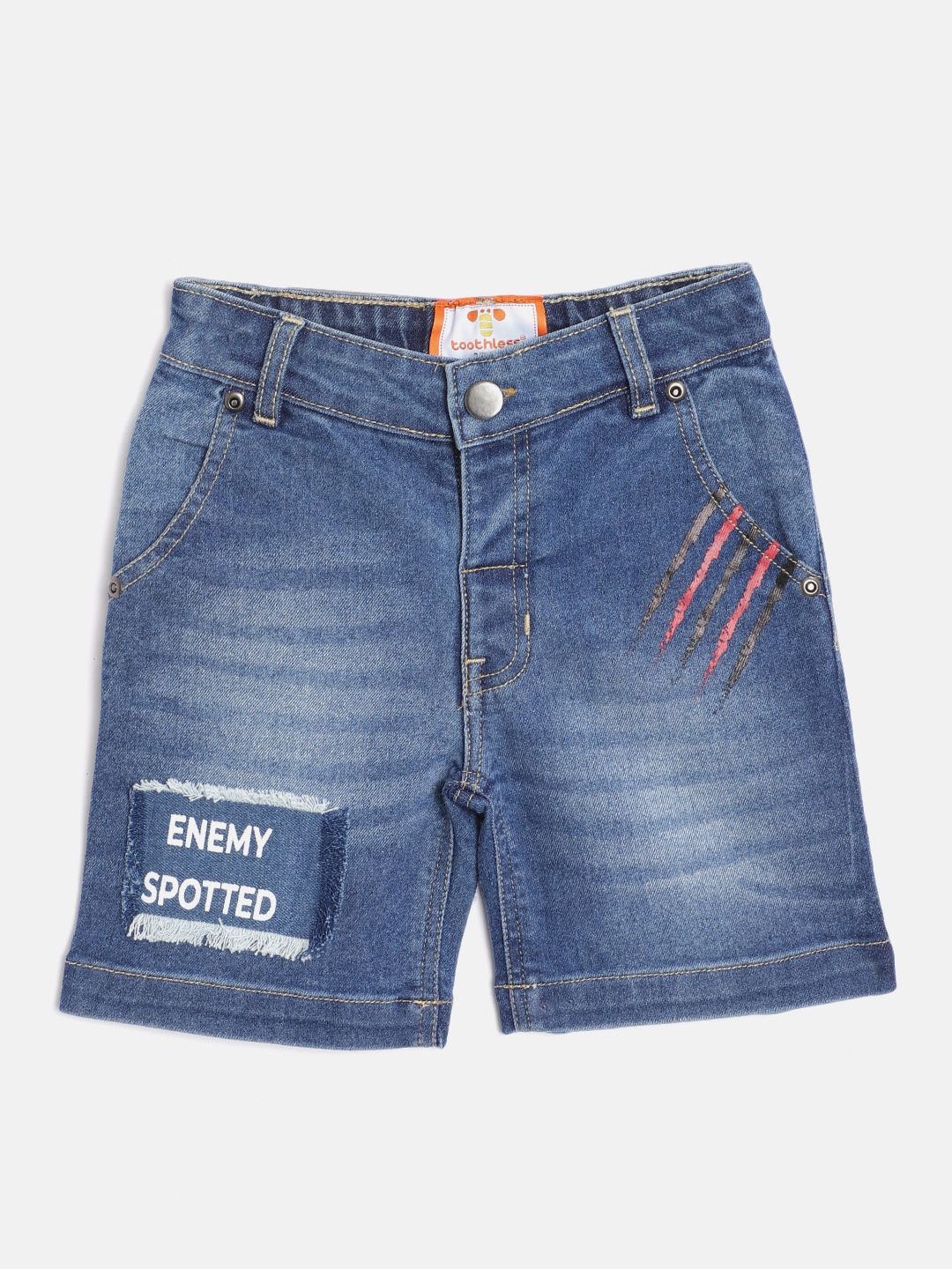 

toothless Boys Blue Washed Regular Fit Denim Shorts with Striped & Frayed Applique Detail