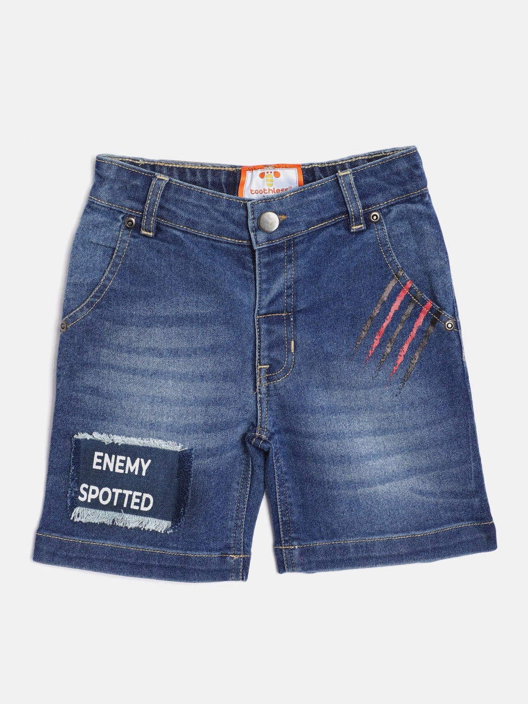 

toothless Boys Blue Washed Regular Fit Denim Shorts with Striped & Frayed Applique Detail