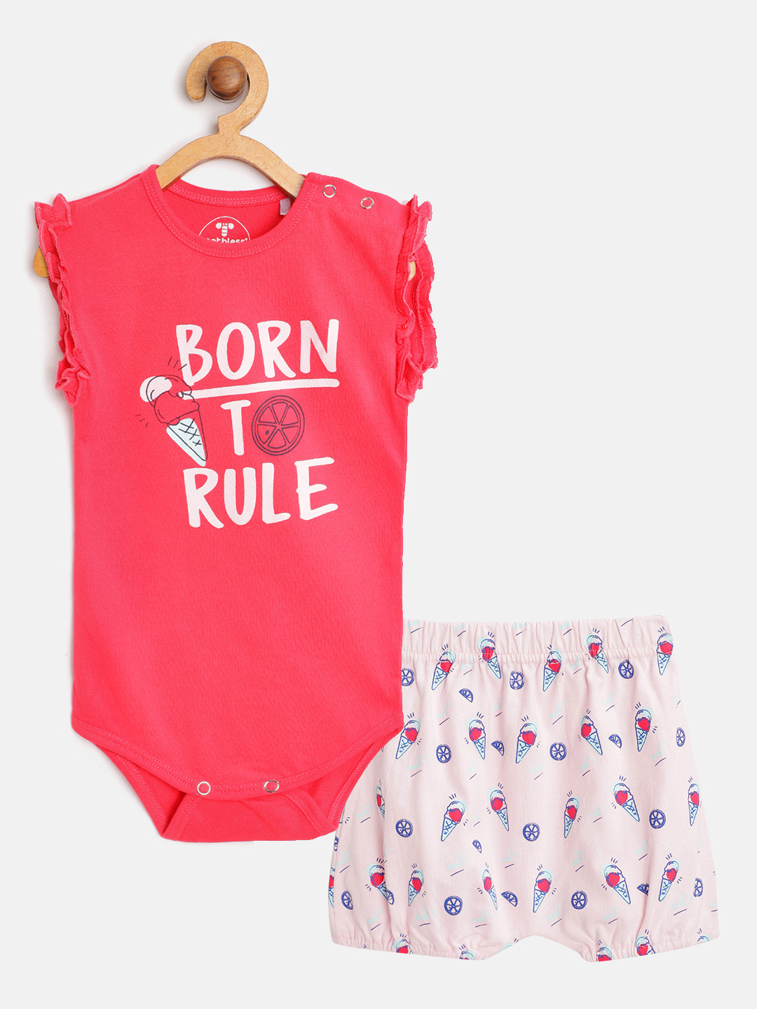 

toothless Infant Girls Fuchsia Pink Printed Cotton Bodysuit with Bloomers