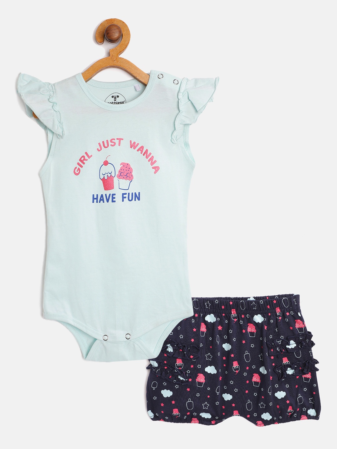 

toothless Infant Girls Blue & Pink Printed Cotton Bodysuit with Bloomers