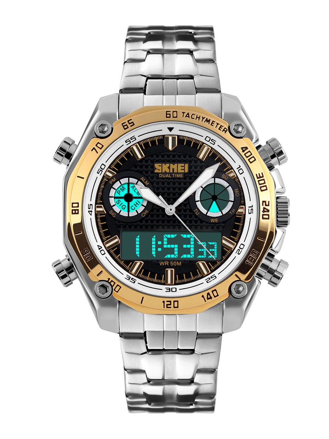 

Skmei Men Silver & Gold Toned Analogue and Digital Watch 1204