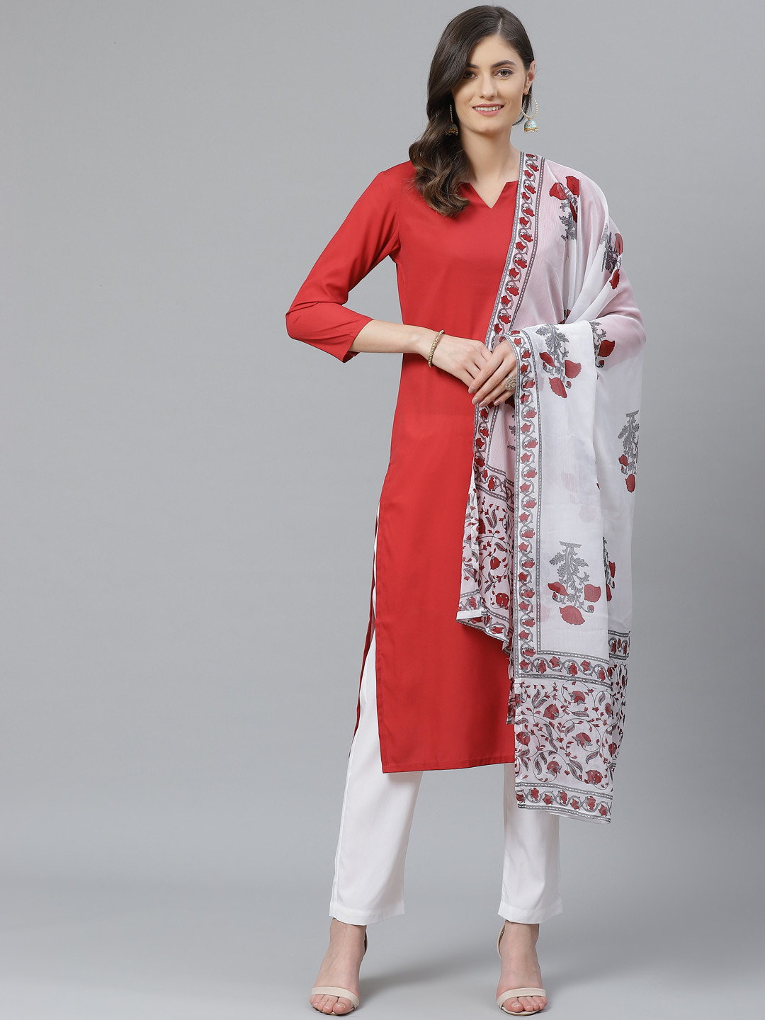 

AHIKA Women Red & White Solid Kurta with Trousers & Dupatta