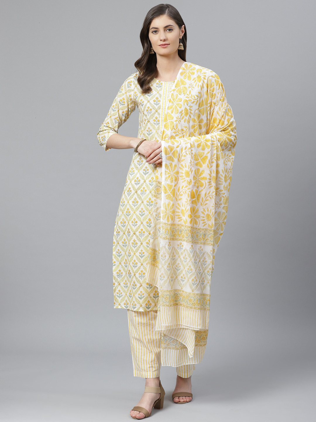 

AHIKA Women White & Yellow Printed Pure Cotton Kurta with Trousers & Dupatta