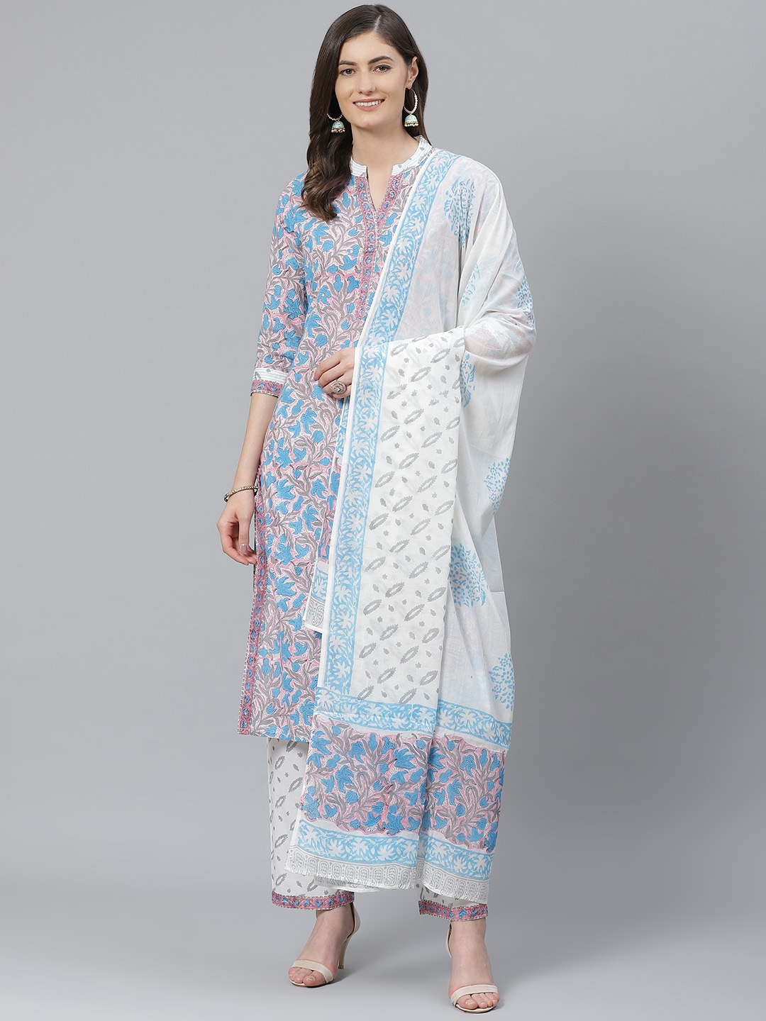 

AHIKA Women Pink & Blue Printed Kurta with Trousers & Dupatta