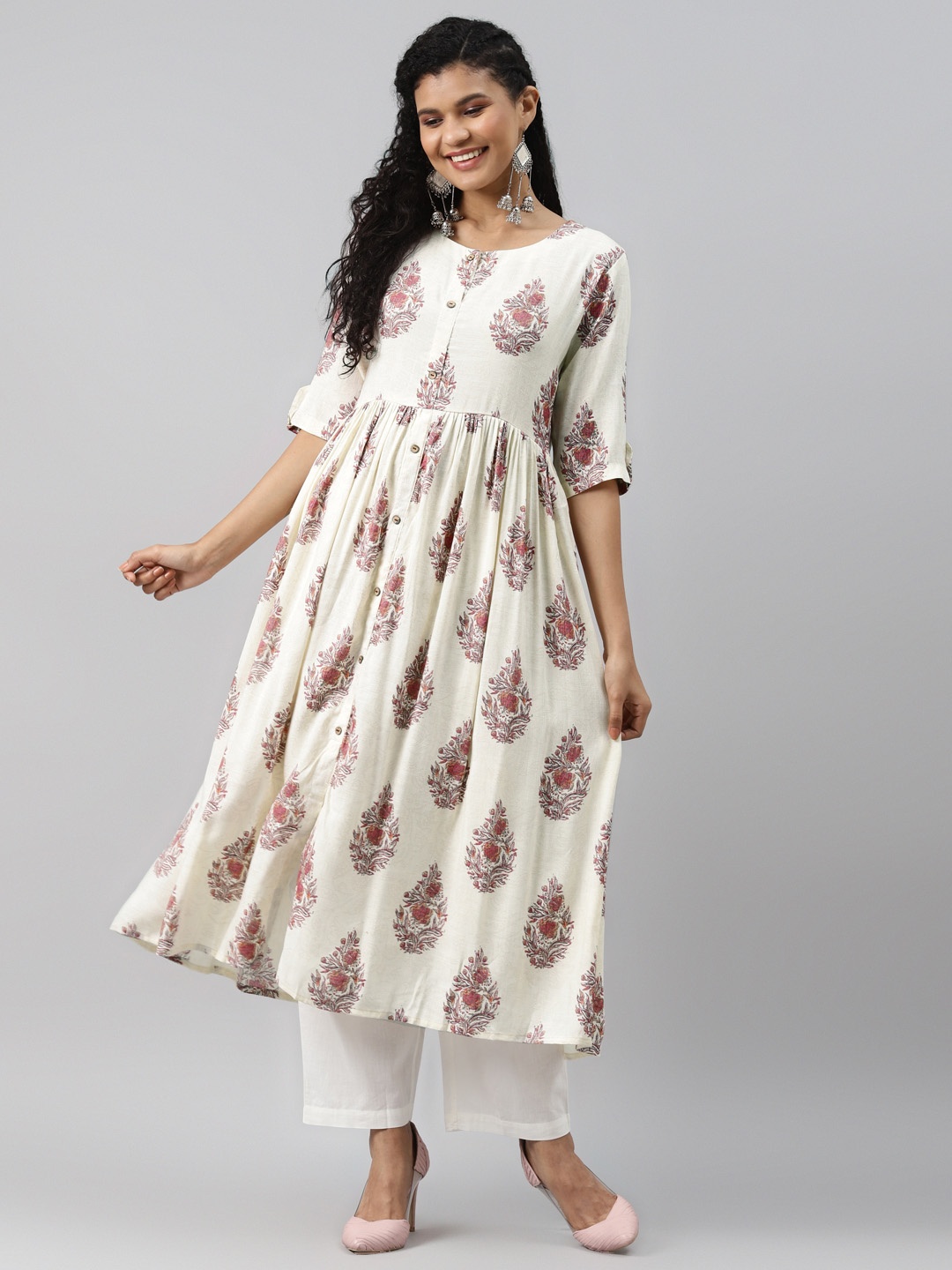 

AHIKA Women Off White & Red Ethnic Motifs Printed A-Line Kurta